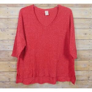 Faded Glory Women Sweater 3X Red V-Neck High Low Hem Ribbed Knit Short Sleeve